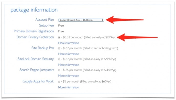 bluehost packeage inform